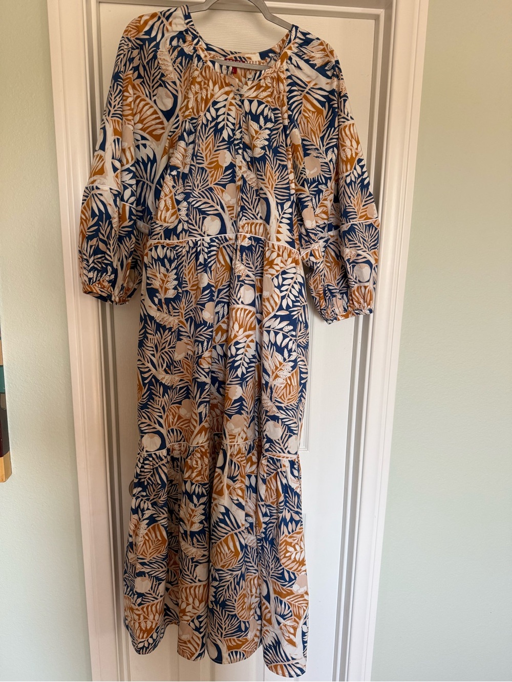 STAUD Blue & Mustard Leaf-Print Maxi Dress